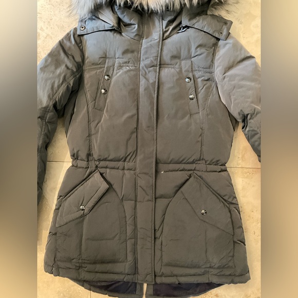 Sam Edelman ● Dark Grey Long Winter Jacket with Fur Lined Hood - Picture 2 of 5